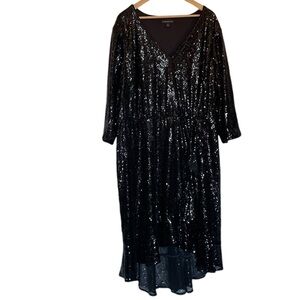 LANE BRYANT Sequined Black V-Neck Dress Ruffle Trim 3/4 Sleeve - Size 22/24